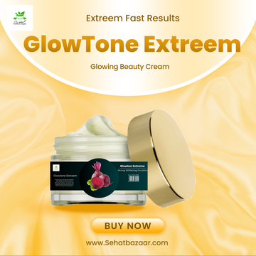 Product image of a "GlowTone Extreem" beauty cream, with a golden cream and a beet on the label.