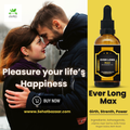 Ad for Ever Long Max enlargement oil, featuring a couple touching foreheads and a bottle of oil on a yellow background.
