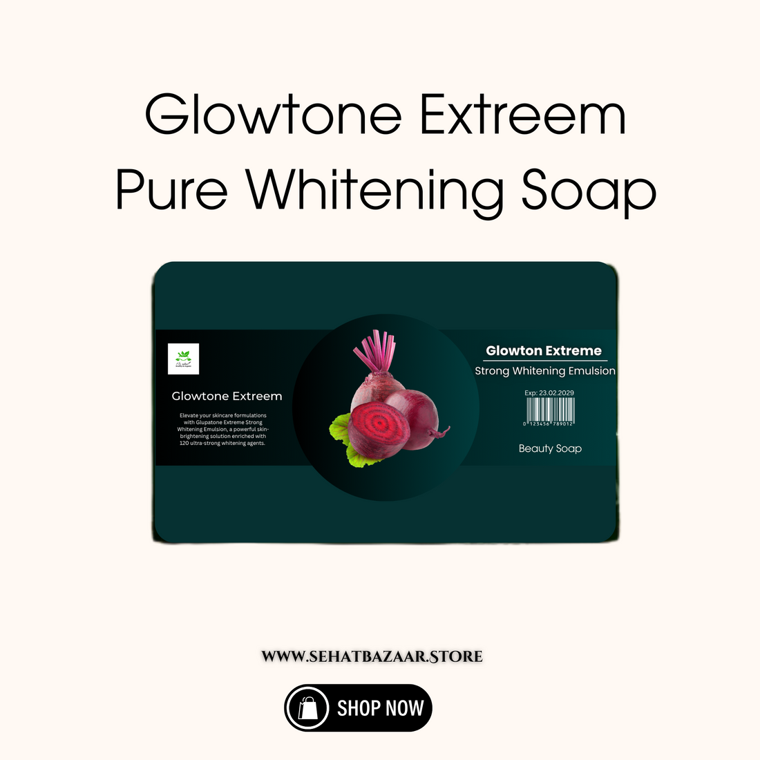 Product image of Glowtone Extreme Pure Whitening Soap, featuring a beetroot illustration and a dark green package.