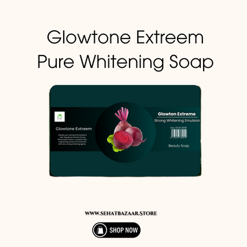 Product image of Glowtone Extreme Pure Whitening Soap, featuring a beetroot illustration and a dark green package.